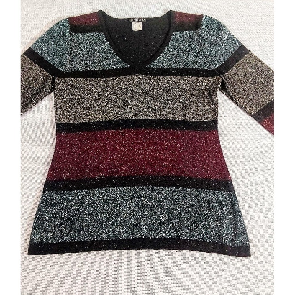 Venus Metallic Striped Sweater Womens Small Multicolor V-Neck Long Sleeve - Picture 3 of 11